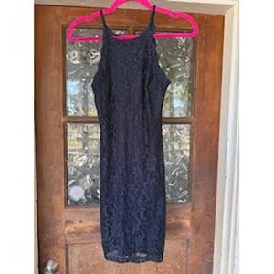 BCX Dress Womens 3 Navy Blue Floral Lace Halter Neck Keyhole Bodycon Mini Dress